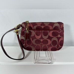 2099: Coach Burgundy Metallic Signature Jacquard Wristlet Mini Clutch